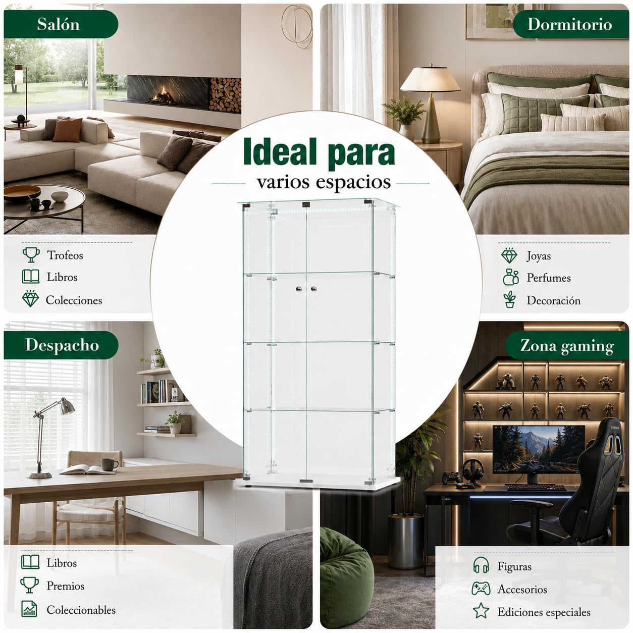 Vitrina de Cristal con LED y Cerradura, Armario Vitrina 78,5 x 35 x 163 cm, Vitrinas de Exposición de 4 Niveles con Estantes Regulables, Mueble Vitrina para Salón, Oficina, Figuras y Libros,Blanco-D