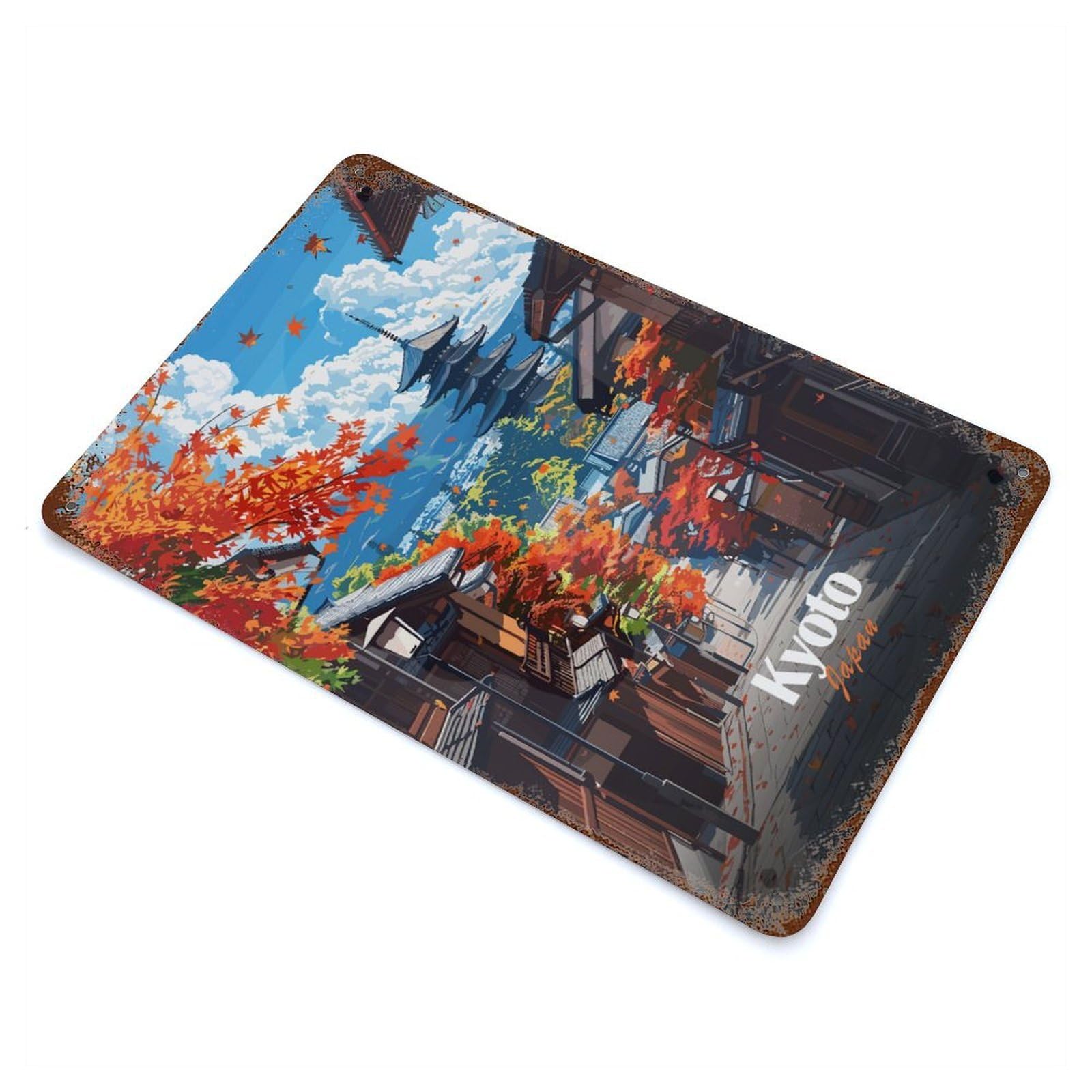 Garage Style Kyoto Japan Autumn Landscape Distressed Metal Wall Sign 11.8"x7.9", Vintage Wall Decor for Bar And Workshop