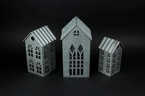 Miniatura 2 de Juego de 3 portavelas votivos de gran tamaño con forma de casa de campo de Navidad galvanizado de metal gris galvanizado - Perfecto para decoración