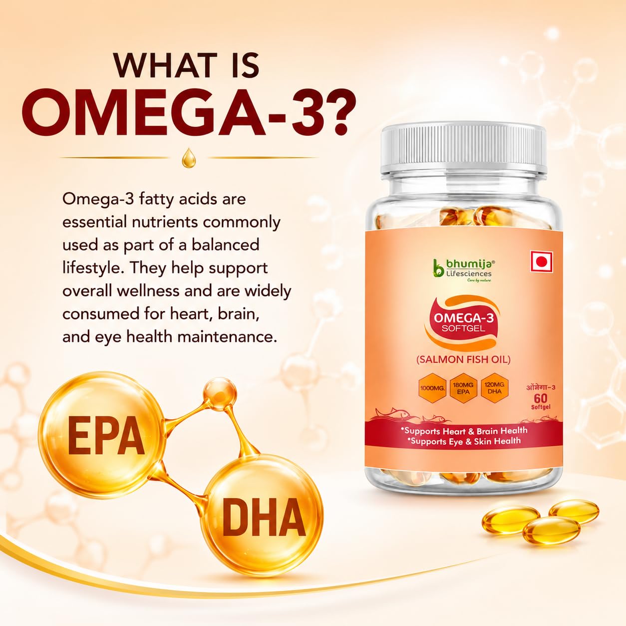 Bhumija Lifesciences Salmon Fish Oil Omega 3 Capsules with EPA and DHA Premium Softgel Supplement for Heart Brain Eye and Joint Support - 60 Softgel (Pack of 2) 1