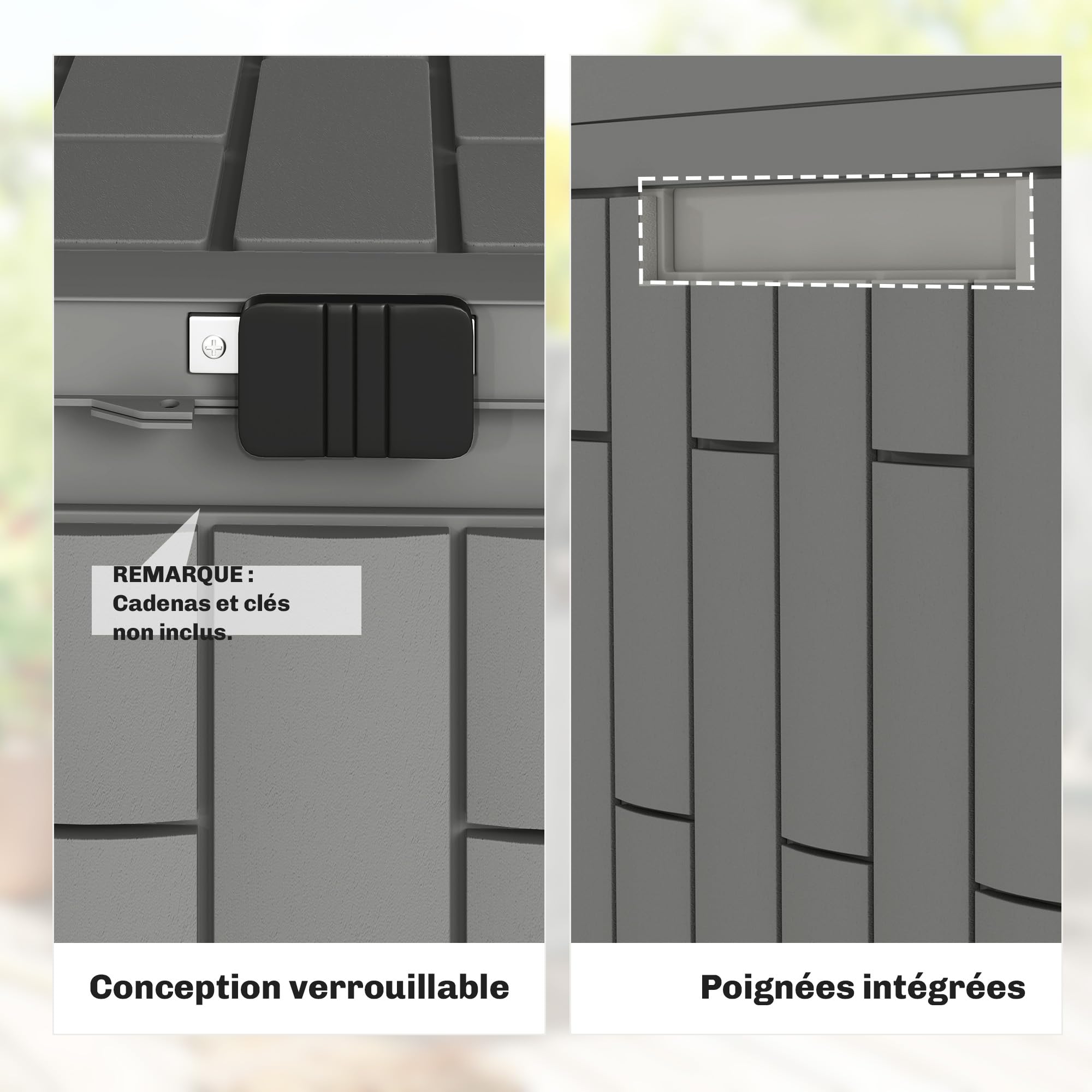 Outsunny Coffre de Rangement Extérieur 379 L Verrouillable avec Vérin à Gaz, Boîte de Jardin en Aspect Bois Résistant aux UV, pour Outils Accessoires, 122,5x56x62cm, Gris