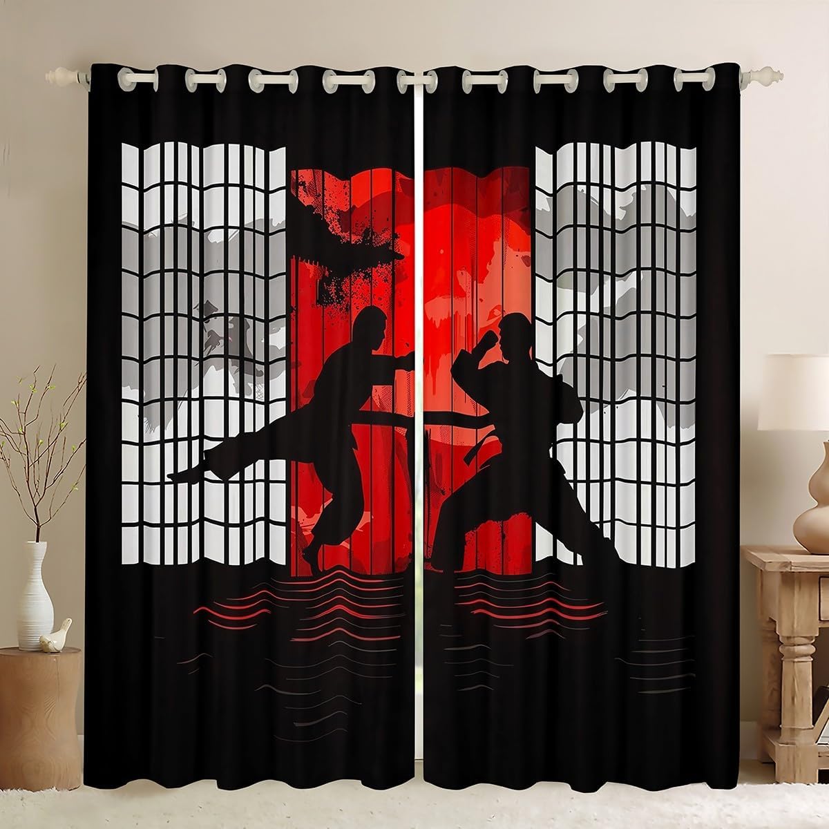 Erosebridal Taekwondo Curtains 42" Wx63 L, 2 Panels Athletic Karate Darkening Drapes for Boys Girls Adults Kung Fu Samurai Japanese Sports Red Black Window Treatments Lightweight Blackout Shades
