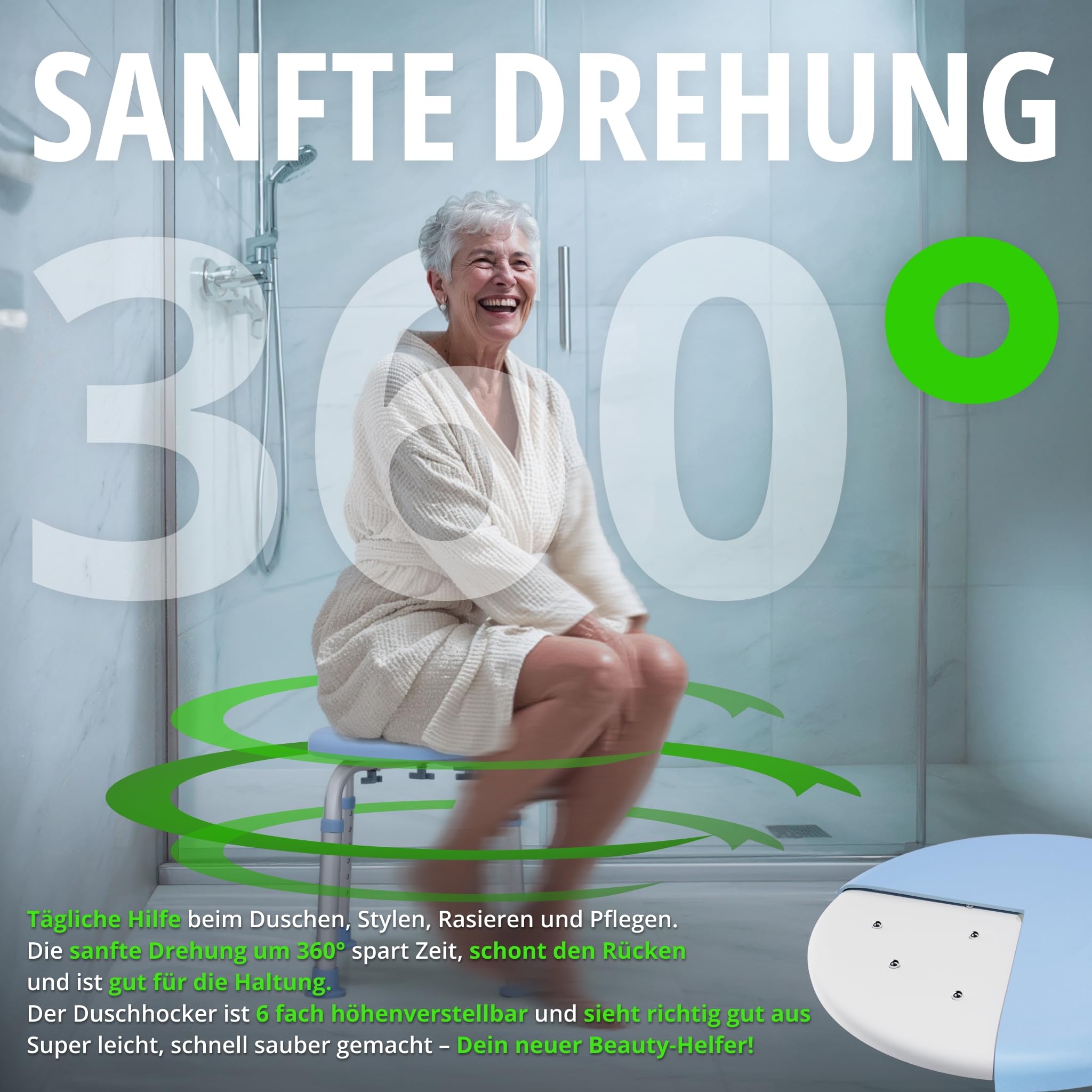 Duschhocker 360° extra leichtgängige Drehung, Medizinprodukt Klasse I, Stilvoller Duschstuhl 6-fach höhenverstellbar. Hygienischer Badsitz komplett abgedeckt. Bis 136 kg. Rutschfeste Gummifüße