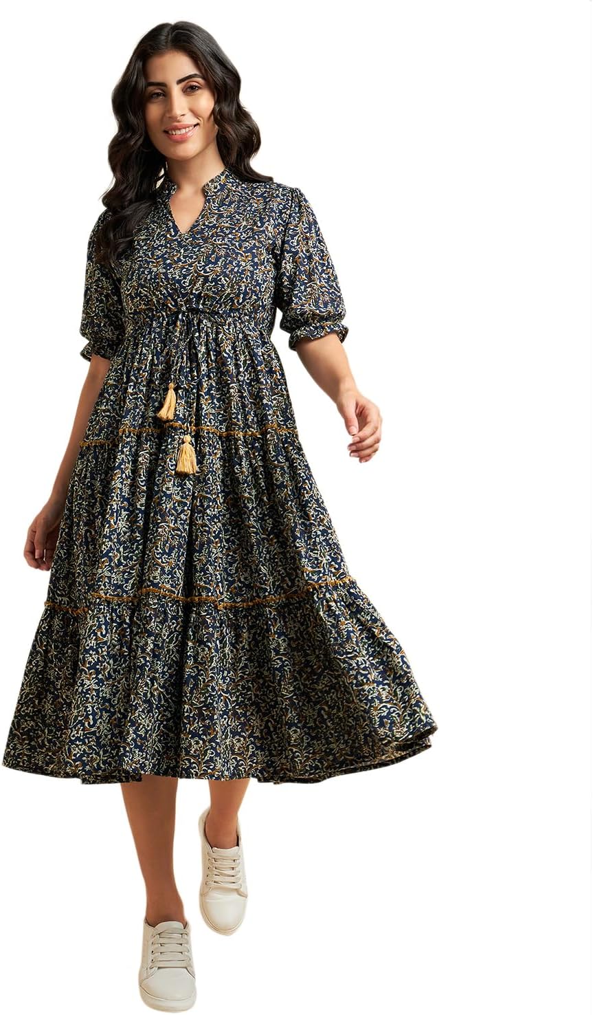 100% Cotton Printed Fit & Flared Mandarin Collar Midi Dress | Casual Dress | Dress for Woman | Summer Dress