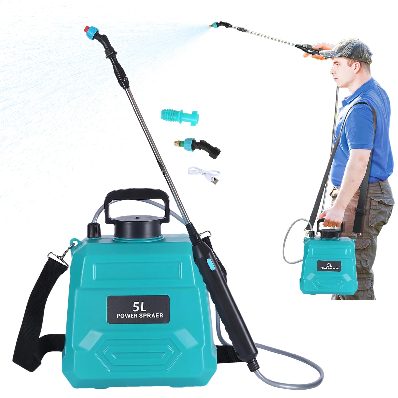 Spruzzatore alimentato a batteria - pressione da giardino, pompa 'acqua da | prato | trigger di ricarica USB, controllo multiplo 'ugello, serbatoio di perdite da 5 litri, a mani libere