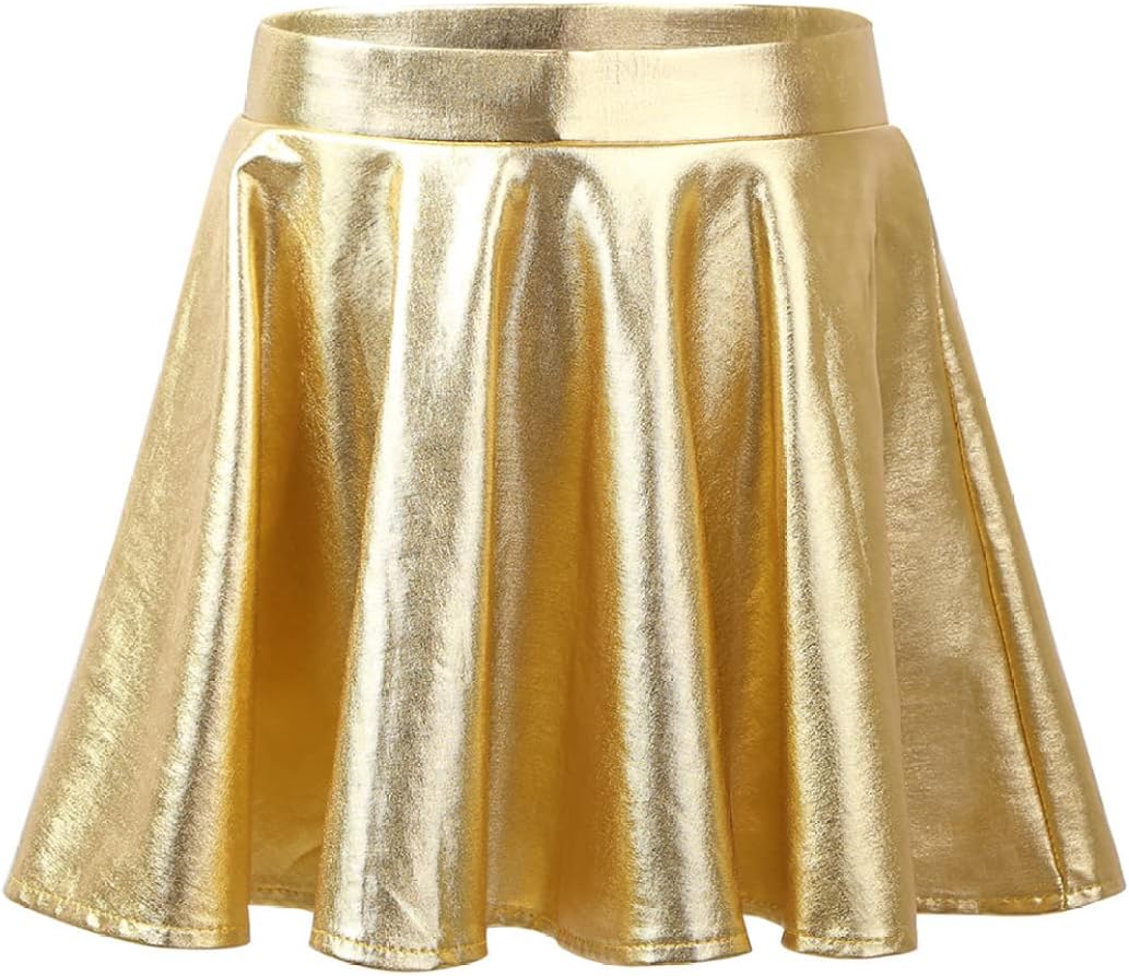 Kids Girls Shiny Dance Skirt Glossy Metallic Flared Pleated A-Line Mini Skater Skort Dance Athletic Scooter Skirt