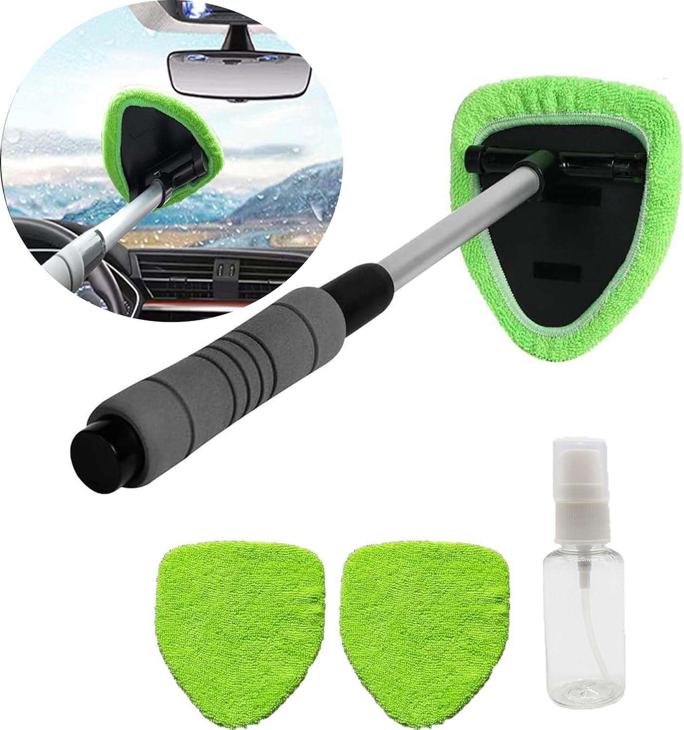 Velae Green Windshield Window Cleaner Tool, With Reusable Microfiber Pads Glass Wiper Kit With Extendable Handle Car Window Cleaner For Car Cleaning (Green)