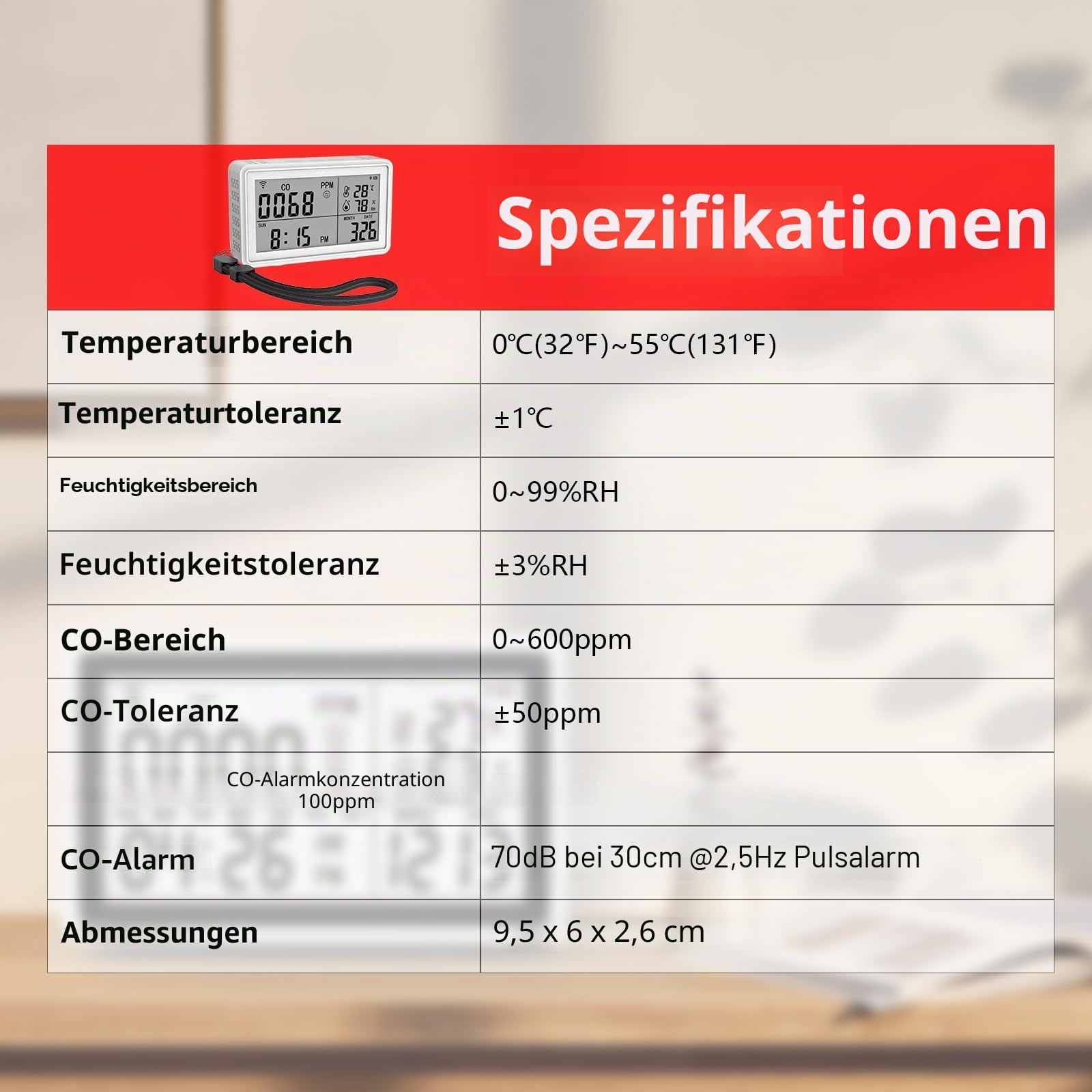 Tuya WiFi Tragbarer 3-in-1-Kohlenmonoxid,Temperatur Feuchtigkeitsdetektor,Kabelloses Digitales Hygrometer Thermometer,Temperatur Feuchtigkeitsmonitor,CO Alarm Detektor für Zuhause,Keller,Kinderzimmer