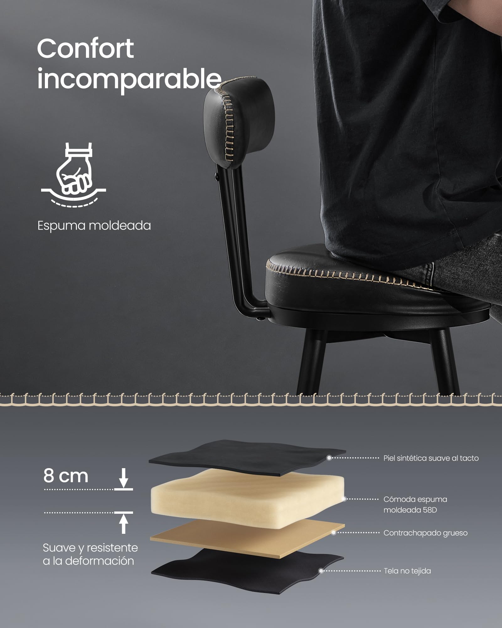 VASAGLE EKHO Colección - Taburetes de Bar Giratorias 360°, Juego de 2, Sillas de Barra con Respaldo, Cuero Sintético con Costuras, Moderno Siglo Medio, Altura 65 cm, Negro Tinta LBC089B01V2