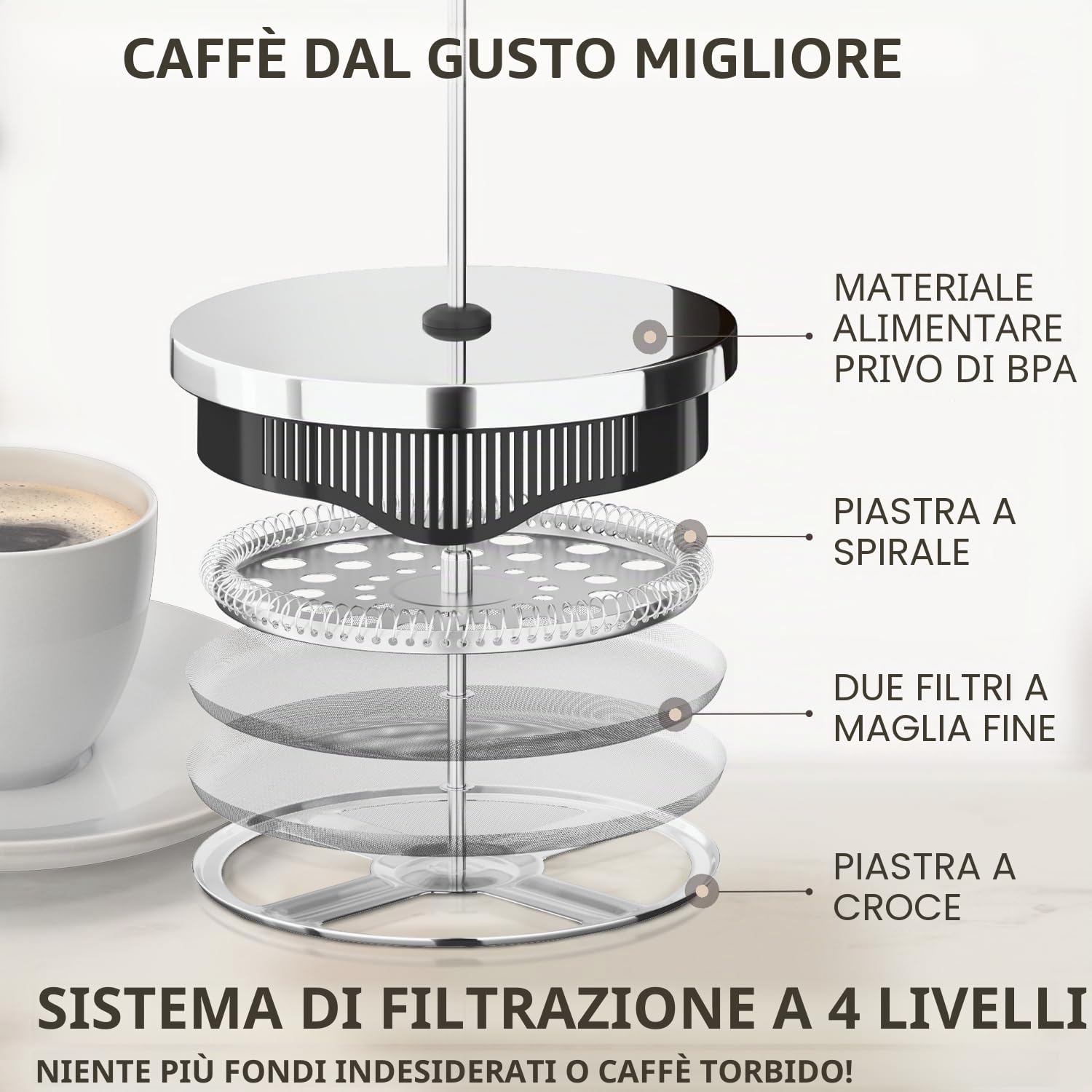 Cafe Du Chateau Caffettiera French Press in Acciaio Inox – Caffettiera Francese da 1 Litro con Filtro a 4 Livelli, in Vetro Resistente, Senza BPA – Ideale anche per Tè e Infusi