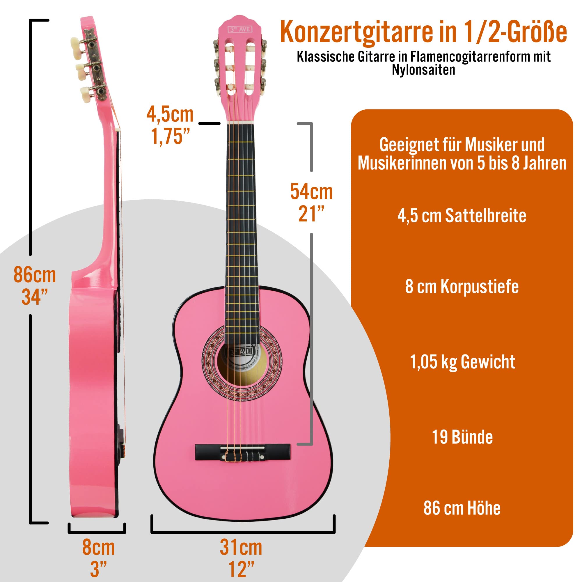 3rd Avenue 1/2 Größe Kinder-Klassikgitarre Mit Spanischen Nylonsaiten Im Anfängerpaket – Rosa