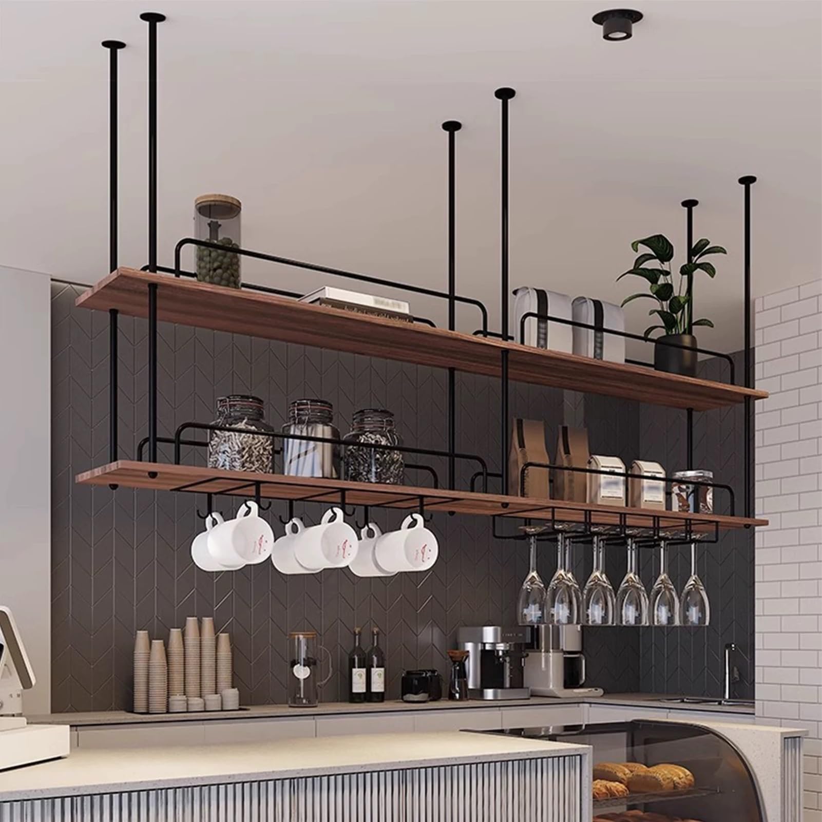 MARXAN Support de Rangement en Fer Massif, casier à vin, Planche Suspendue pour Plantes Vertes, étagère à Deux Couches pour Restaurant, Bar, Cuisine à Domicile, Support pour Verres à Pied