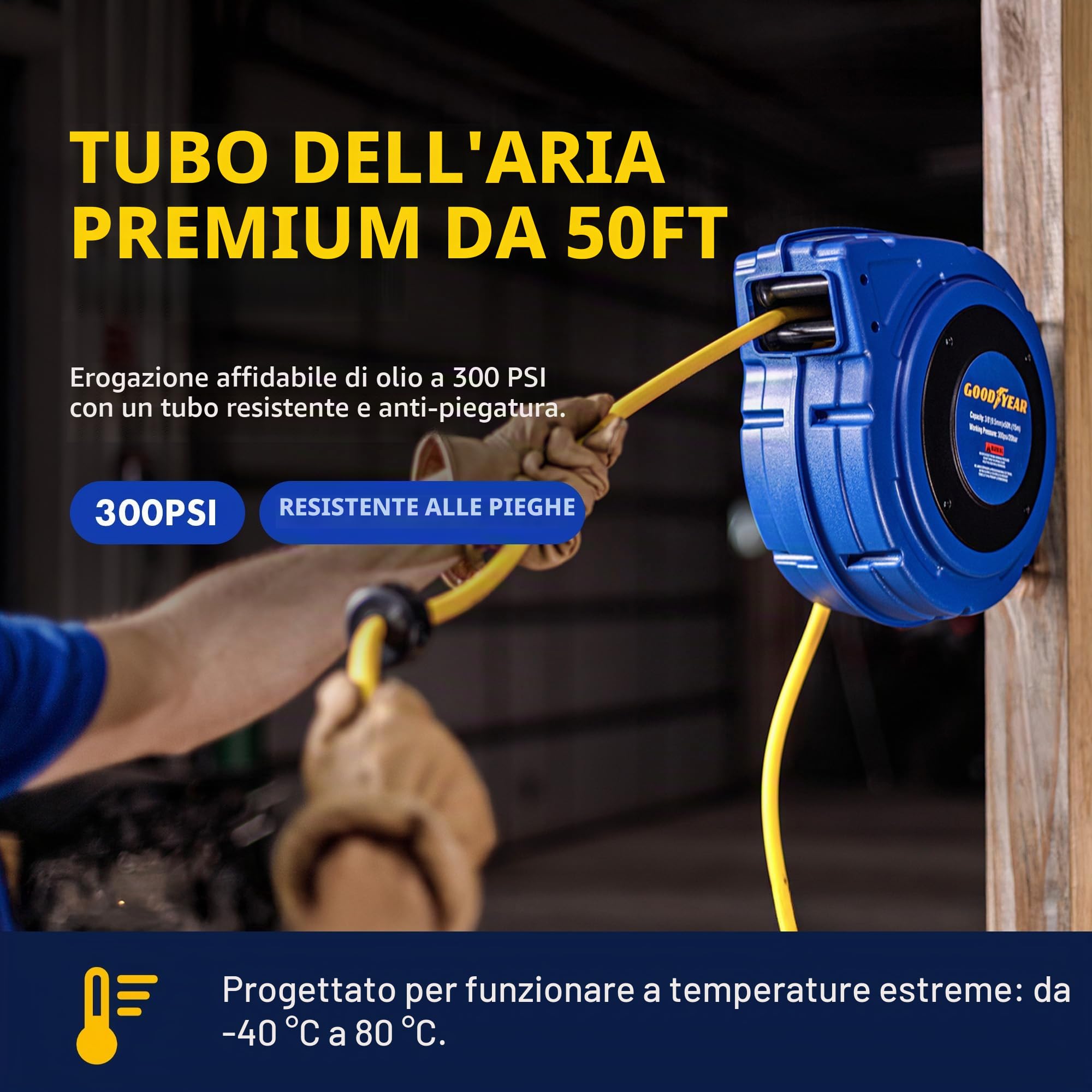 Goodyear 27527153g Chiuso Retrattile compressore d'Aria/Acqua avvolgitubo con 3/8 in. x 50 ft. Ibrida Polymer Tubo Flessibile, Max. 300psi