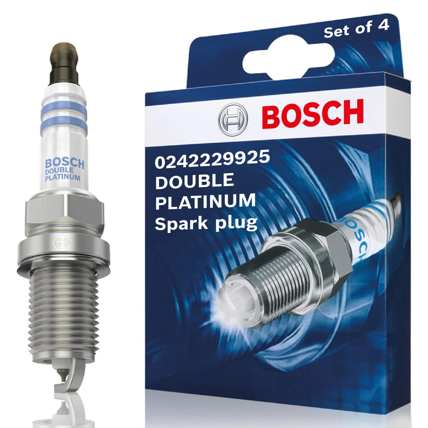 BOSCHDouble Platinum 0242229925 (+45), Spark Plug Set of 4 - for a Reliable Gasoline Engine Start and Long Service Life - with Robust Design