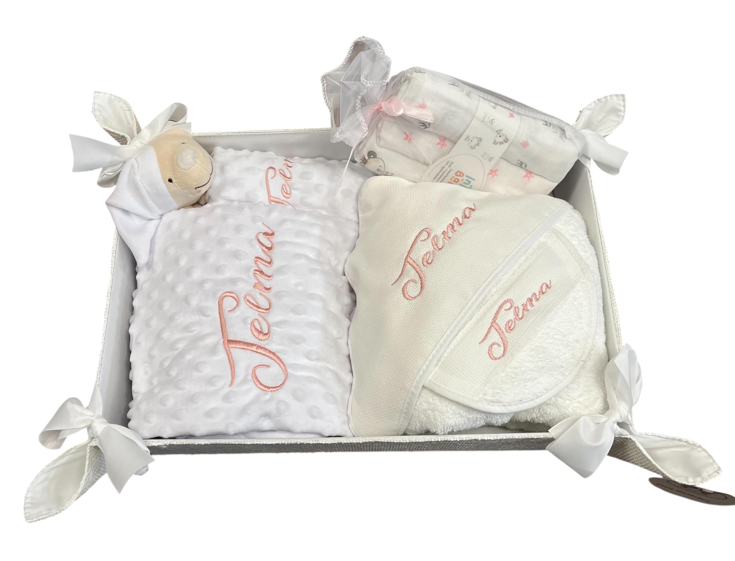 Danielstore Canastilla Bebé Personalizada Cesta Regalo Incluye Manta + Dou Dou + Pack Gasas + Toalla Baño Bebé + Babero Personalizado Regalo para Recién Nacidos(blanco)