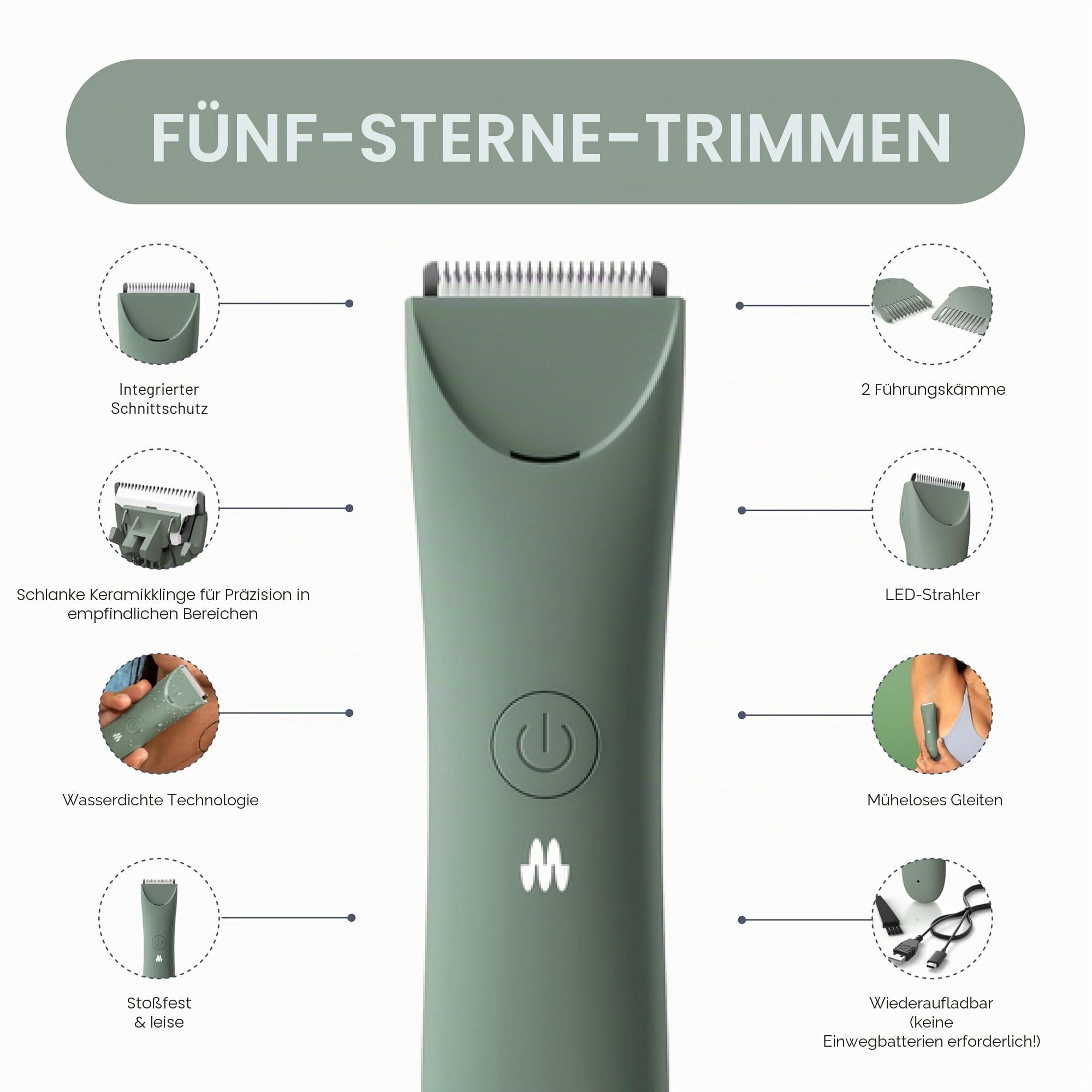 MERIDIAN Schlanker Trimmer, Scham- & Körperhaarschneider, Bikini-Haarentfernung, keine Kerben, Rasierverbrennung, keine Eingewachsenen, Ergonimisches Design, Wet/Dry Tech, LED-Strahler, Salbei