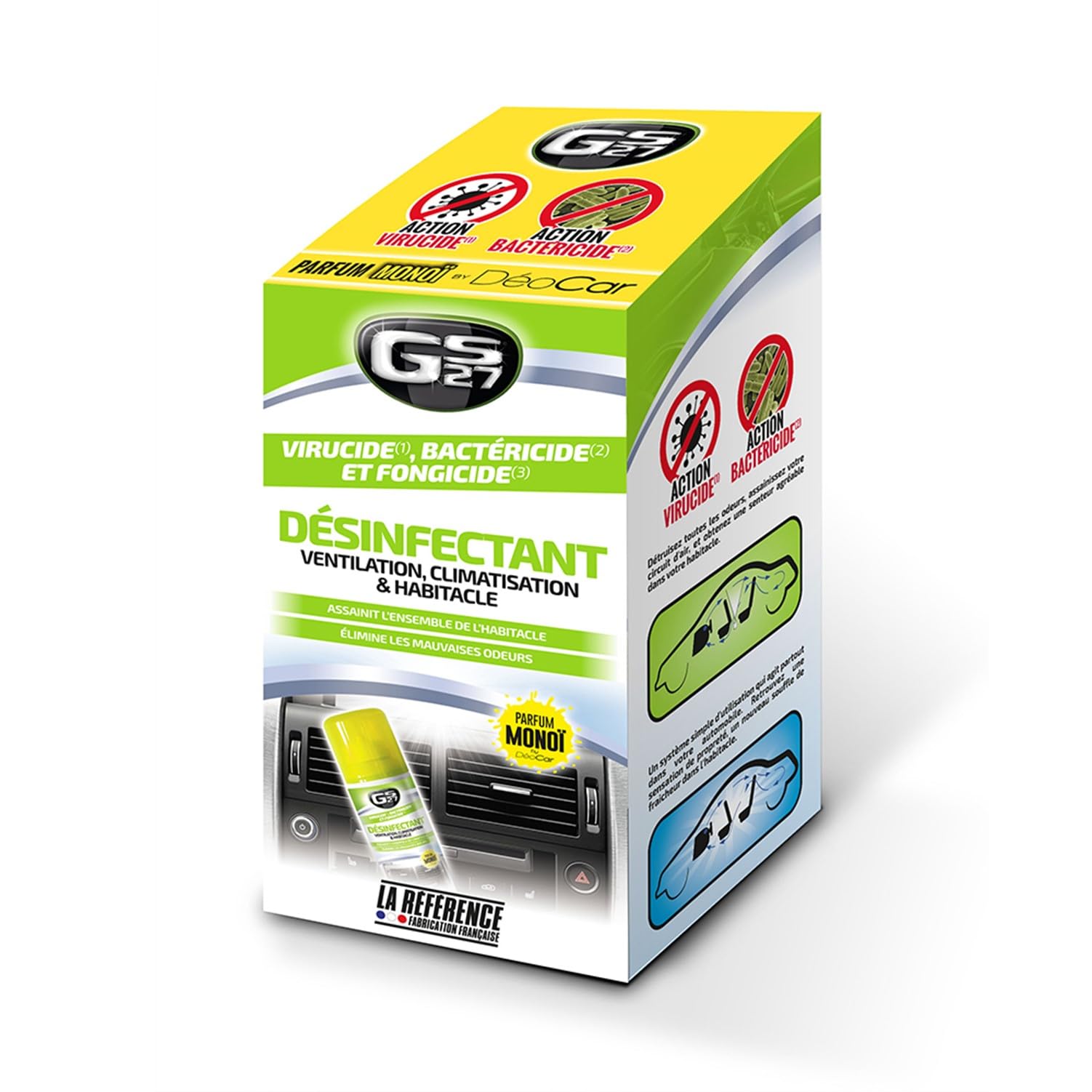 GS27 - Désinfectant Climatisation Voiture - Assainit la Ventilation et l'Habitacle - Parfum Monoï, Dark Sensation