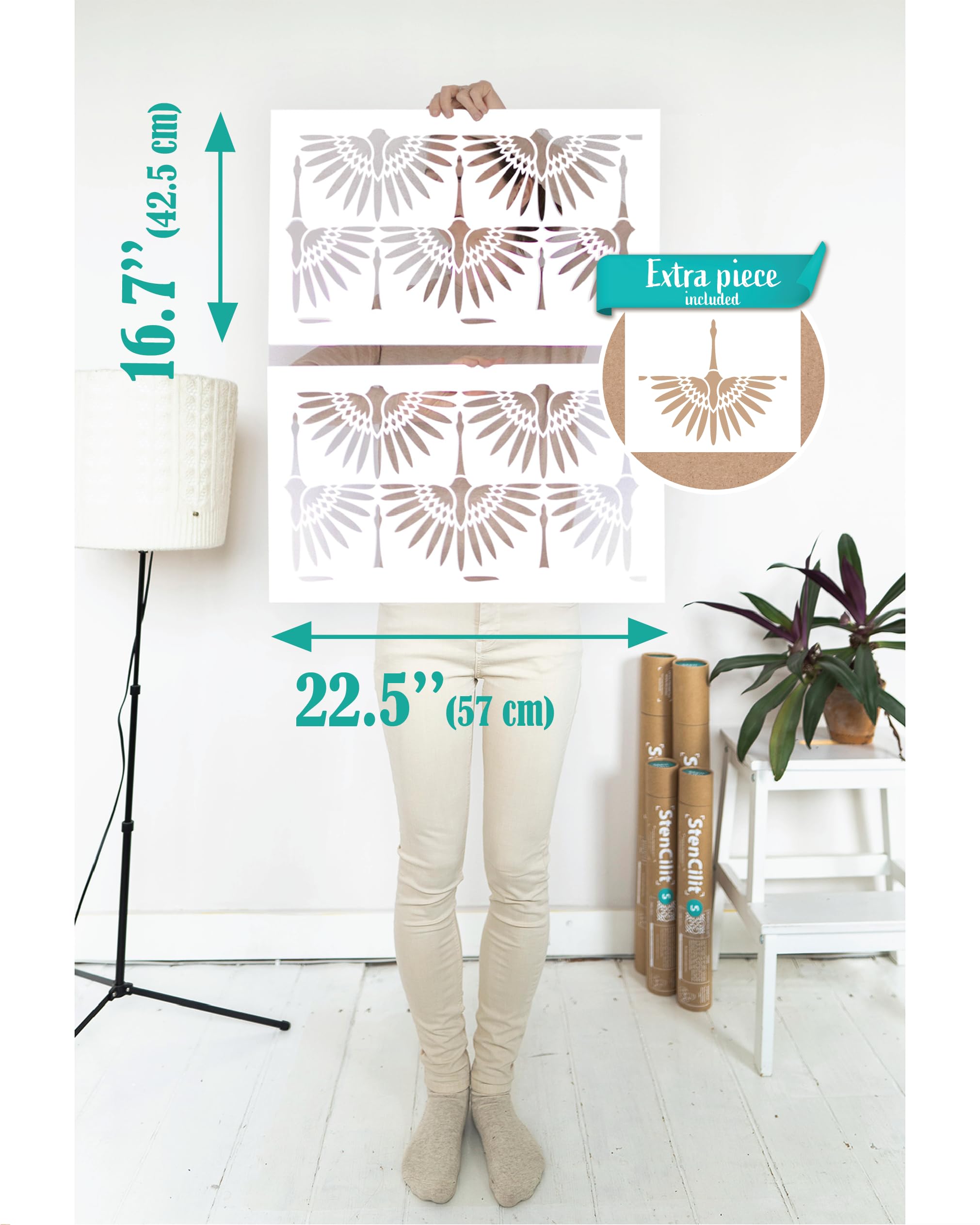 STENCILIT® Art-Déco-Kraniche Wand-Schablone - 2er-Pack Schablonen 42 x 57 cm, Boho Wand-Schablonen zum Malen großer Muster, Moderne große fur Wand