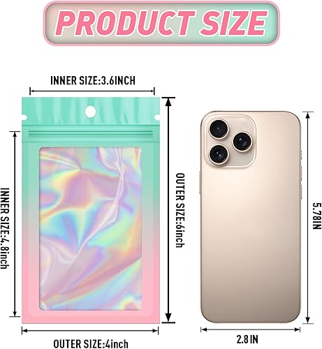 Miniatura 2 de Funfery Paquete de 100 bolsas holográficas degradadas, bolsas resellables de Mylar con cremallera, bolsas de embalaje transparentes para ventana,