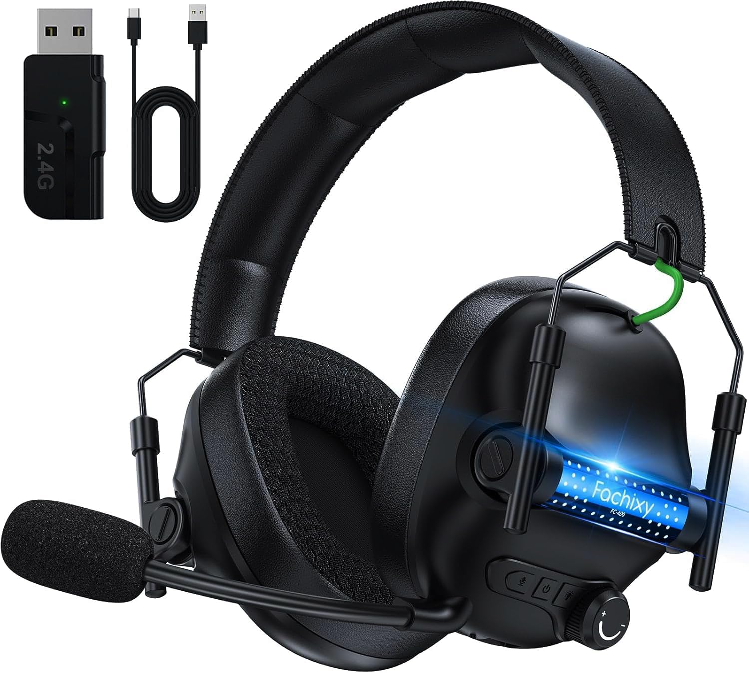 Fachixy FC400 Cascos Gaming Inalámbricos para PC, PS5, PS4, Auriculares Gaming Inalámbricos de 2,4GHz Wireless+Bluetooth - Baja Latencia, Duración 40Hr+, Luces RGB(Negro)
