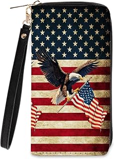 American Flag & Eagle Wallet for Women - Slim PU Leather Patriotic Wallet with Cash Zipper Coin Purse, Small Credit Card Holder Travel Wallet, Wristlet Wallets for Female Ladies Men
