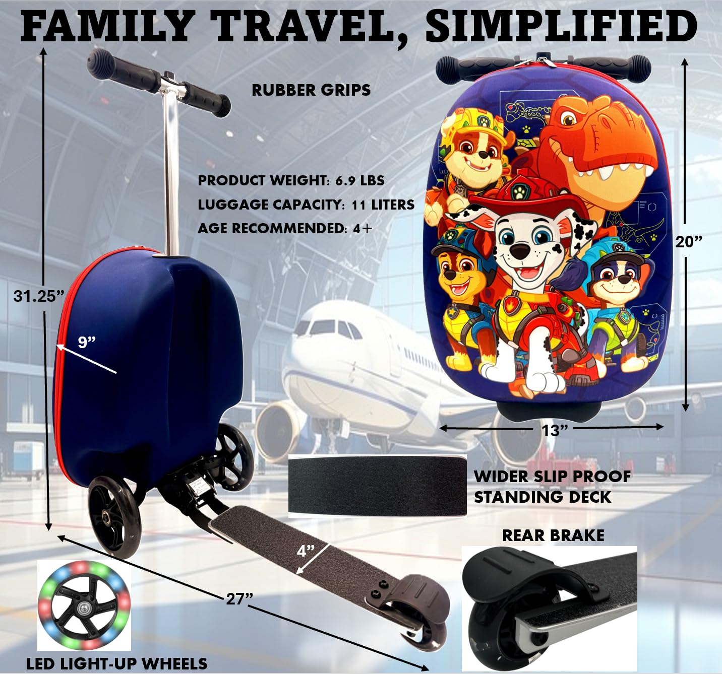 Fast Forward 2-in-1 Kids Scooter Suitcase & Ride-On Carry-On Luggage –Lightweight Carry-On Travel Case with Built-in Kick Scooter (Paw Patrol)