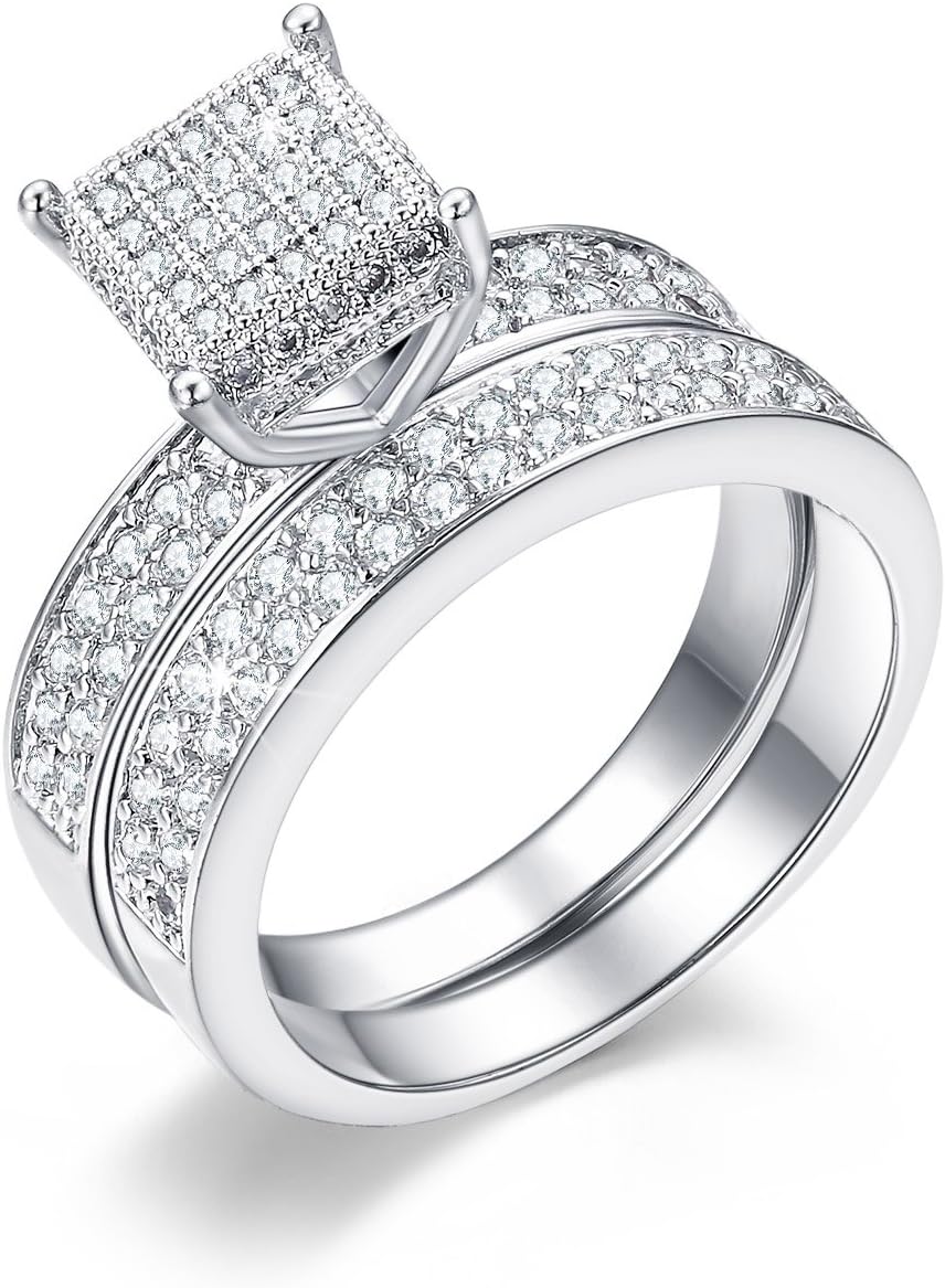 DIFINES Redbarry CZ Diamond Wedding Band 18k White Gold Plated Women's Engagement Ring Bridal Sets, Size 9