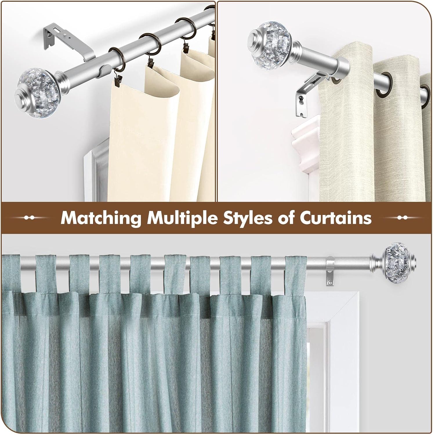USFOOK 2 Pack Window Treatment Finials for 1 or 7/8 Inch Curtain Rods, Silver Drapery Rods Replacement Finials with M6 Screws, Translucent Finials Embedded with Silver Foil