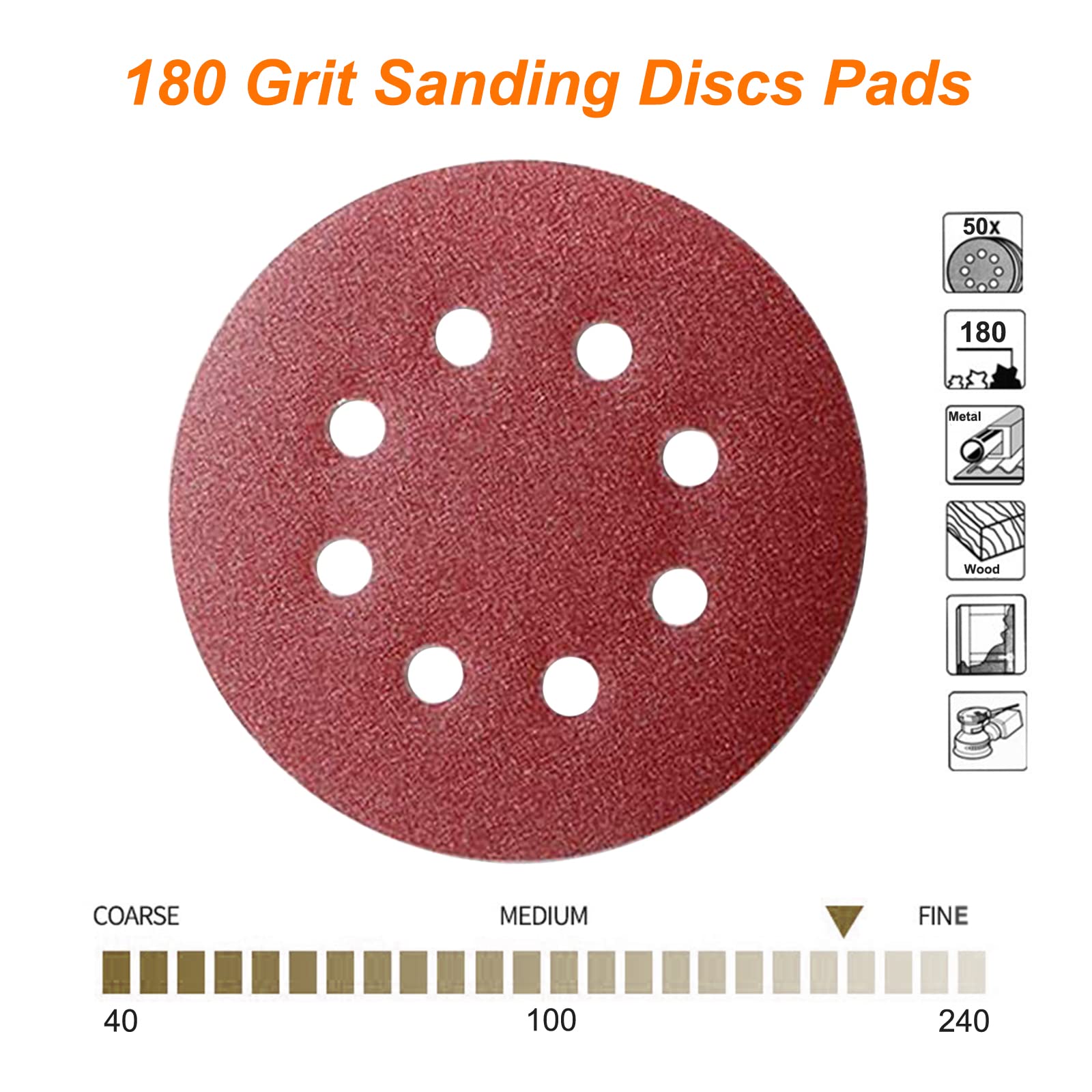 50 almohadillas de discos de lijado de gancho y bucle de 5 pulgadas, 125 mm, 8 agujeros de papel de lija para lijadora orbital aleatoria. (180 granos)