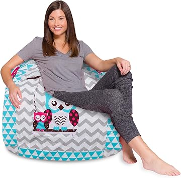 Posh Creations Bean Bag Chair for Kids, Teens, and Adults Includes Removable and Machine Washable Cover, 48in - X-Large, Canvas Owls White and Blue