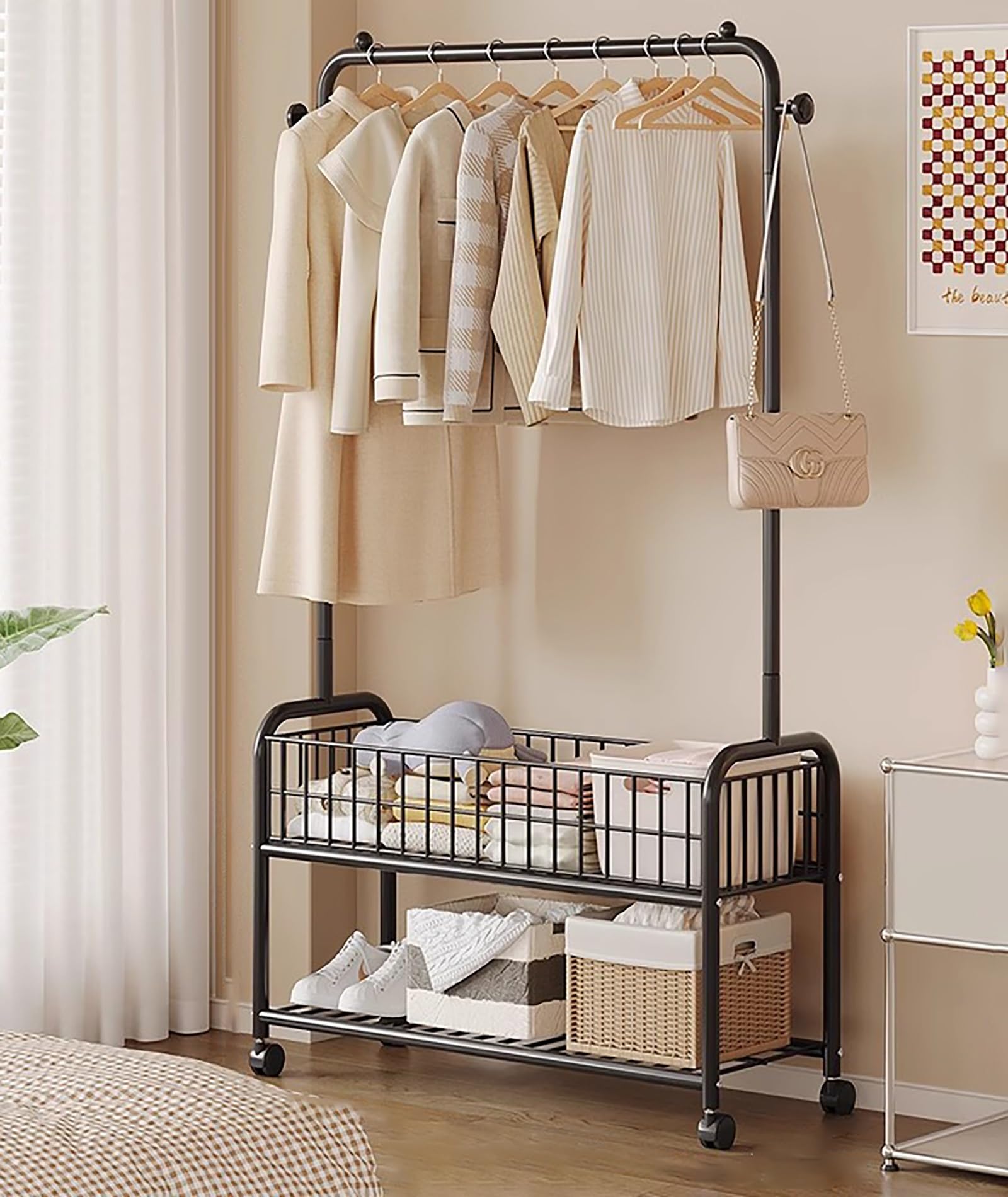 NOBBAT Clothes Rail, Garment Hanging Rail with Wheels,Garment Rack Clothes Rack Freestanding Hanger Double Rails Bedroom Clothing Rack With 2-Tier Lower Storage Shelf(Fashion Black,90x30x165cm)