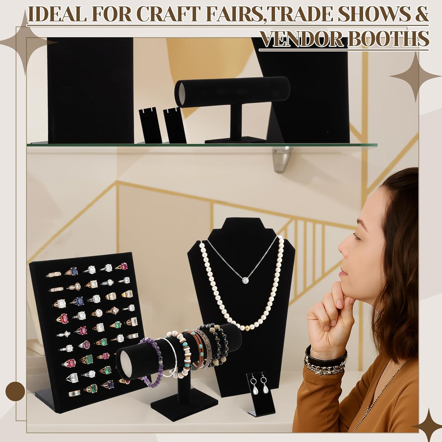RattanView 20 Piece Jewelry Display for Vendors Black Velvet Jewelry Display Set Includes Necklace Holder Earring Holder Bracelet Stand Ring Show for Store Sales Selling Craft Fairs Retail Home