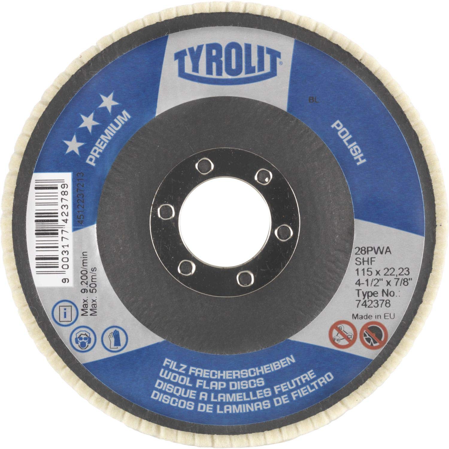 Tyrolit 742375 PREMIUM Disco de Pulido, 28PWA, 125mm x 22.23mm, SHF Especificación, 7700 Máx. Rpm, Caja de 3