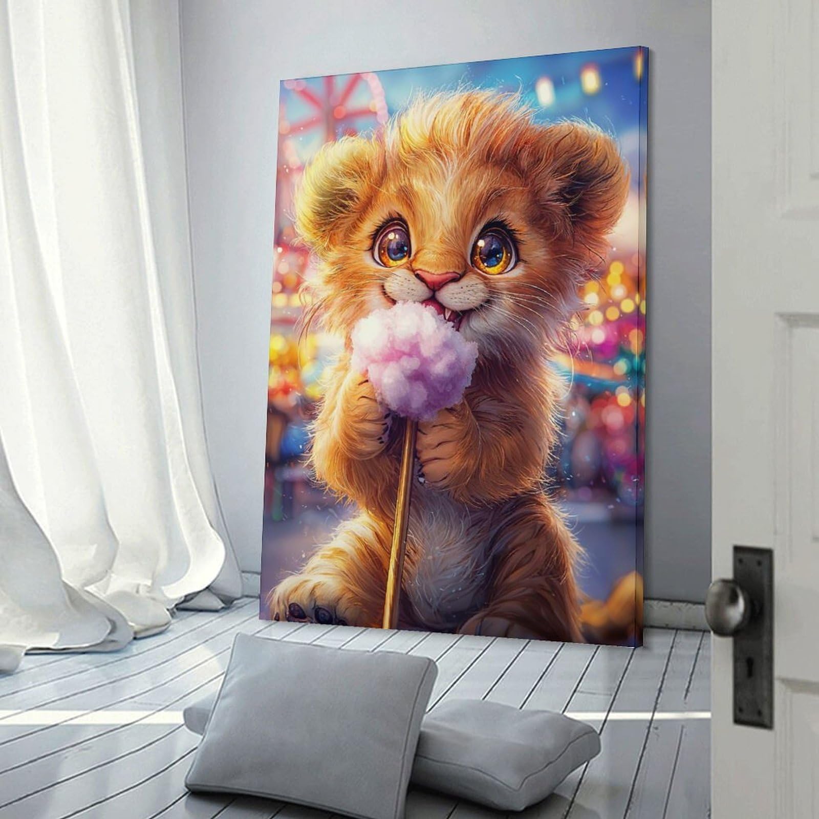 Junmoney Frame-Style-23 Cute Lion Cub With Cotton Candy Hanging Wall Art, 24X36inch(60X90cm), For Bedroom Decor, Cosy Corners Or Studios, An Easy Wall Refresh For Bedrooms