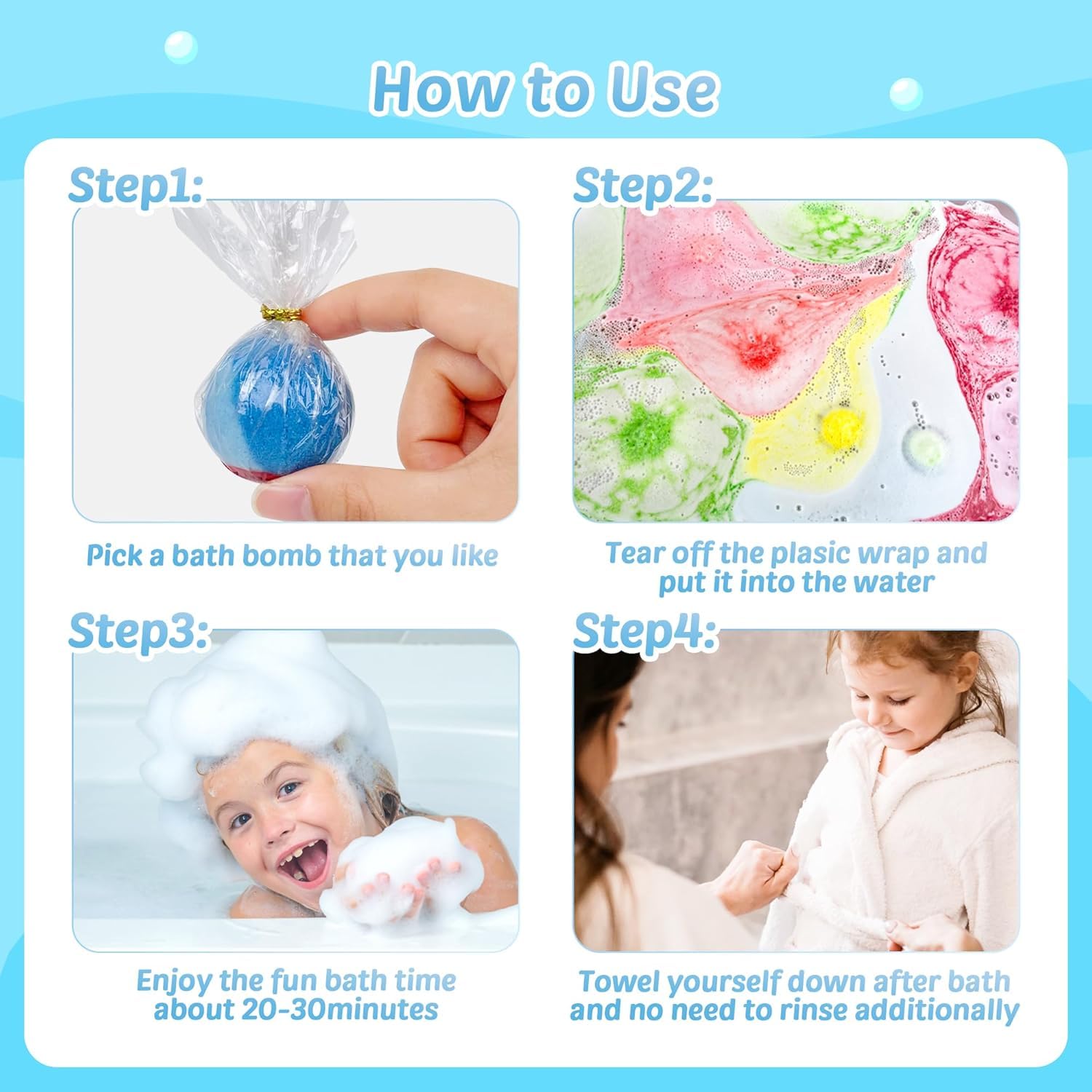 Bombes de bain pour enfants, 24 bombes de bain avec surprise phosphorescente à l'intérieur, bain moussant coloré naturel et biologique pour enfants, cadeau parfait pour garçons et filles