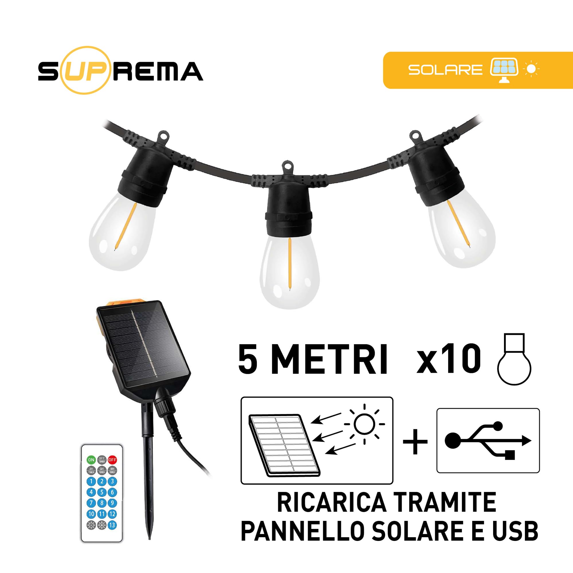 Suprema, Catena Luminosa Esterno Solare 5m, 10 Luci LED, 13 Effetti, Doppia Ricarica USB-C/Solare, Sensore Crepuscolare, IP44, Autonomia 8 Ore