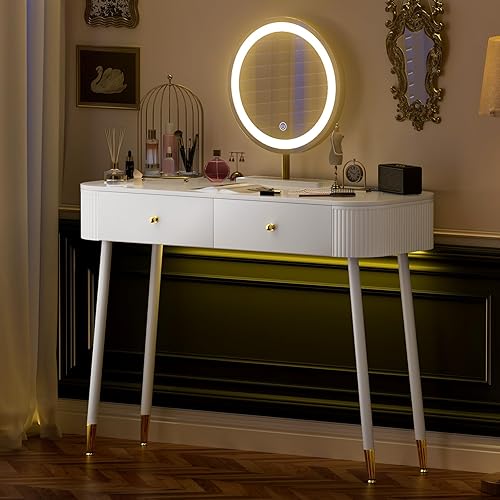 Miniatura 8 de WinZo Mesa de tocador de 40" con espejo y luces, pequeña mesa de maquillaje con 2 cajones de almacenamiento y estación de carga, elegante mesa de