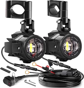 Slrongpowlr Motorcycle Fog Lights LED Kit - 30W Auxiliary Spotlights White/Amber With Mount Brackets & Wiring Harness