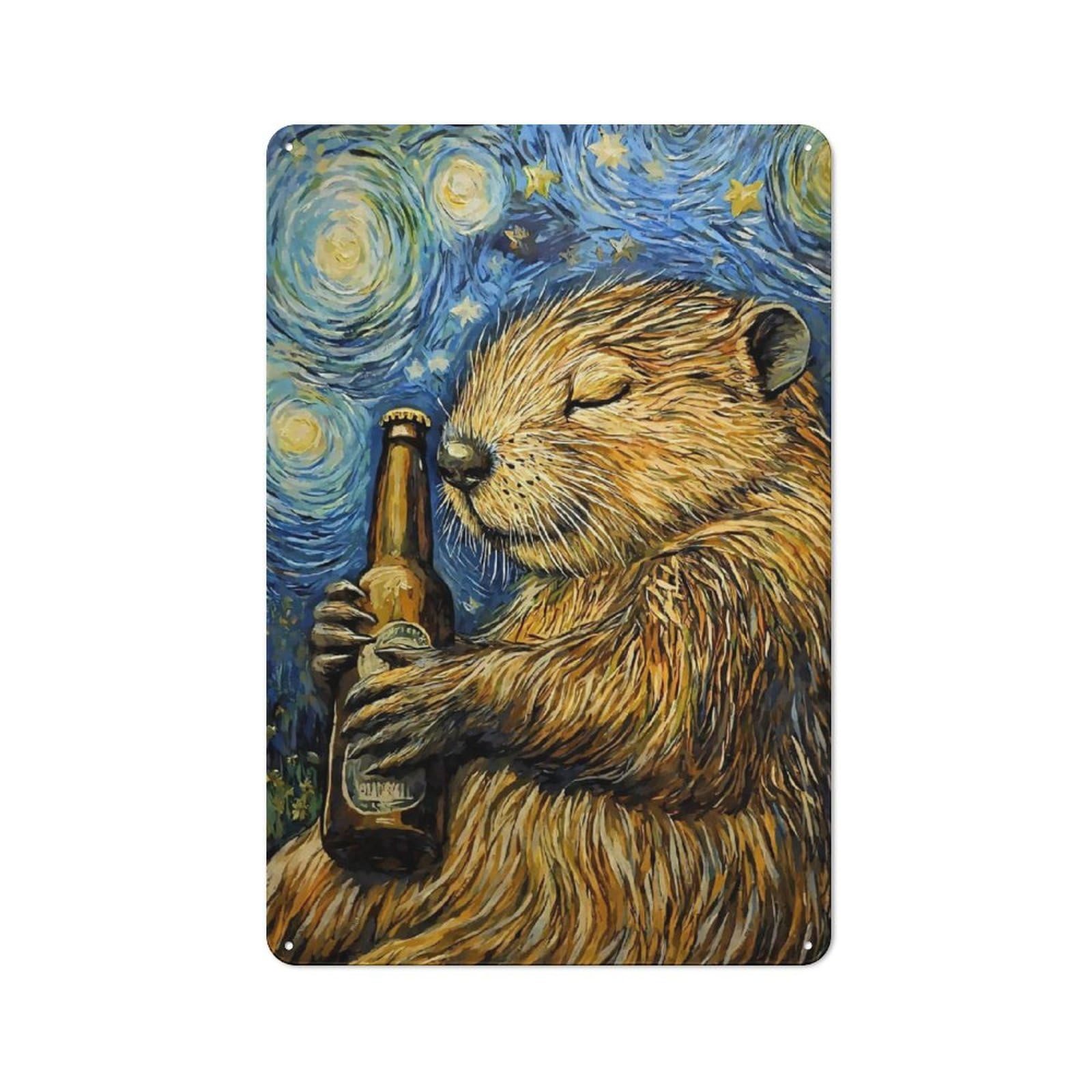 Junmoney Style-14 Tin Wall Plaque 30X20cm With Beaver Beer In Starry Night For Café Or Restaurant, New Home Wall Decor For Hospitality Interior Collectors