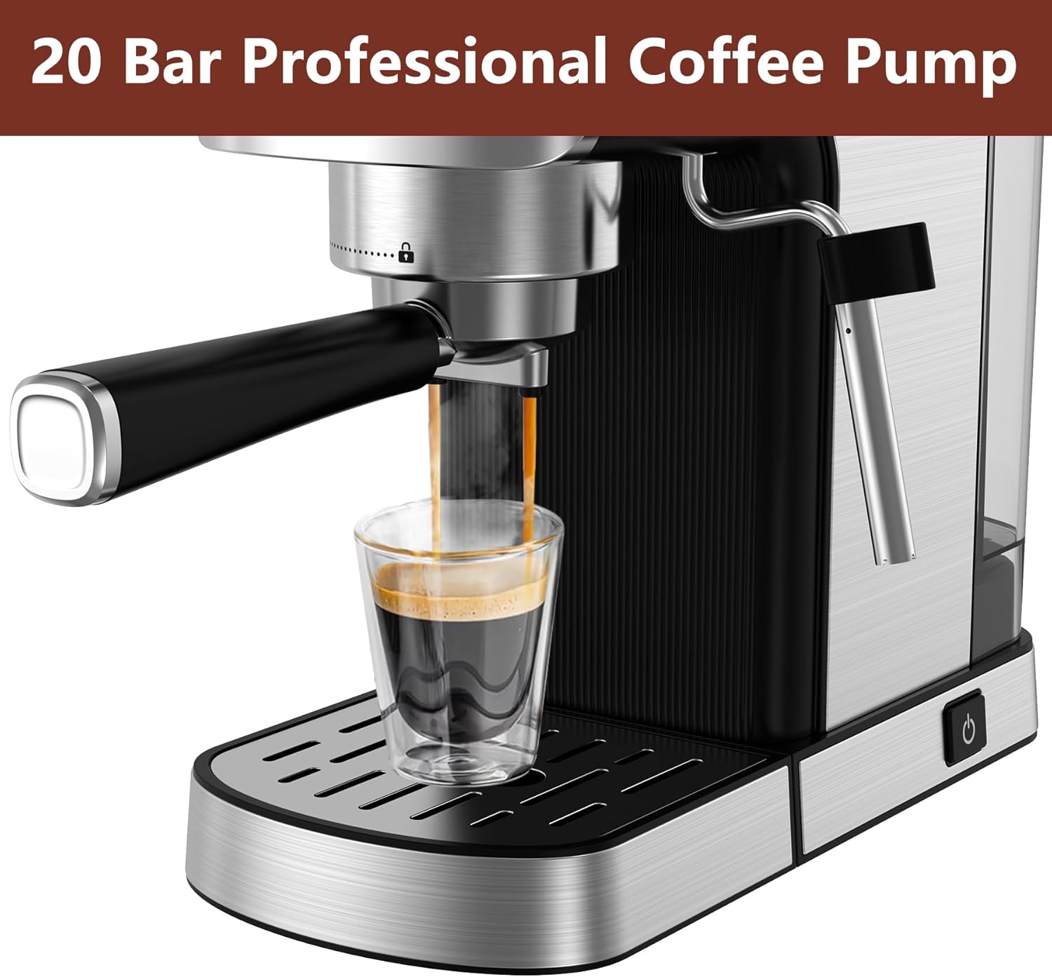 VEGETA Espresso Machine 20 Bar, Small Coffee Maker with 40oz Removable Water Tank, Stainless Steel Espresso Machine with Steam Milk Frother, Latte & Cappuccino Machine for Home, Silver