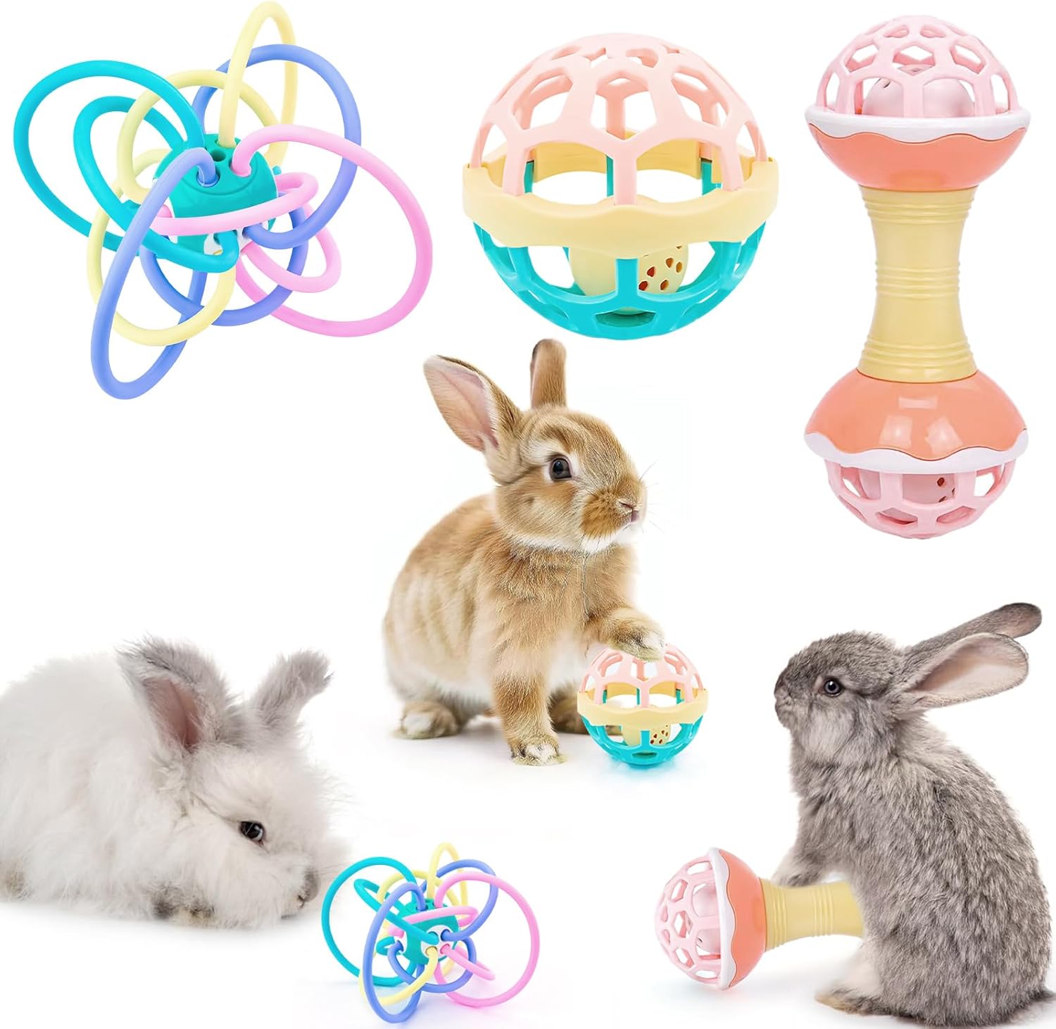 3 Pcs Rabbit Toys, Novelty Bunny Toys with Bell Balls, Durable Guinea Pig Hamsters Chinchillas Toys, Prefect for Small Animals Playing Teeth Indoor Outdoor