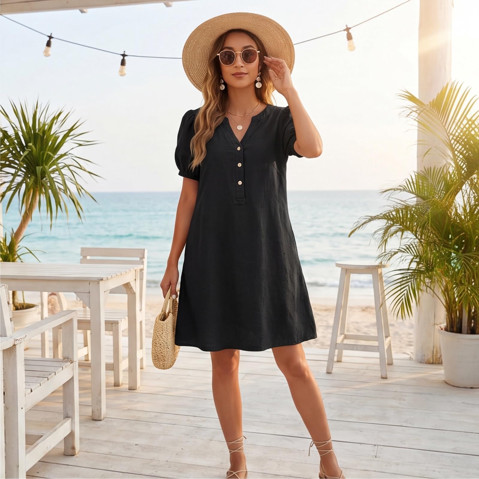 Robe midi Ample Femme col en V Demi-boutonnée Manches Bouffantes Courtes avec Poche latérale Style décontracté Chic pour Les Vacances