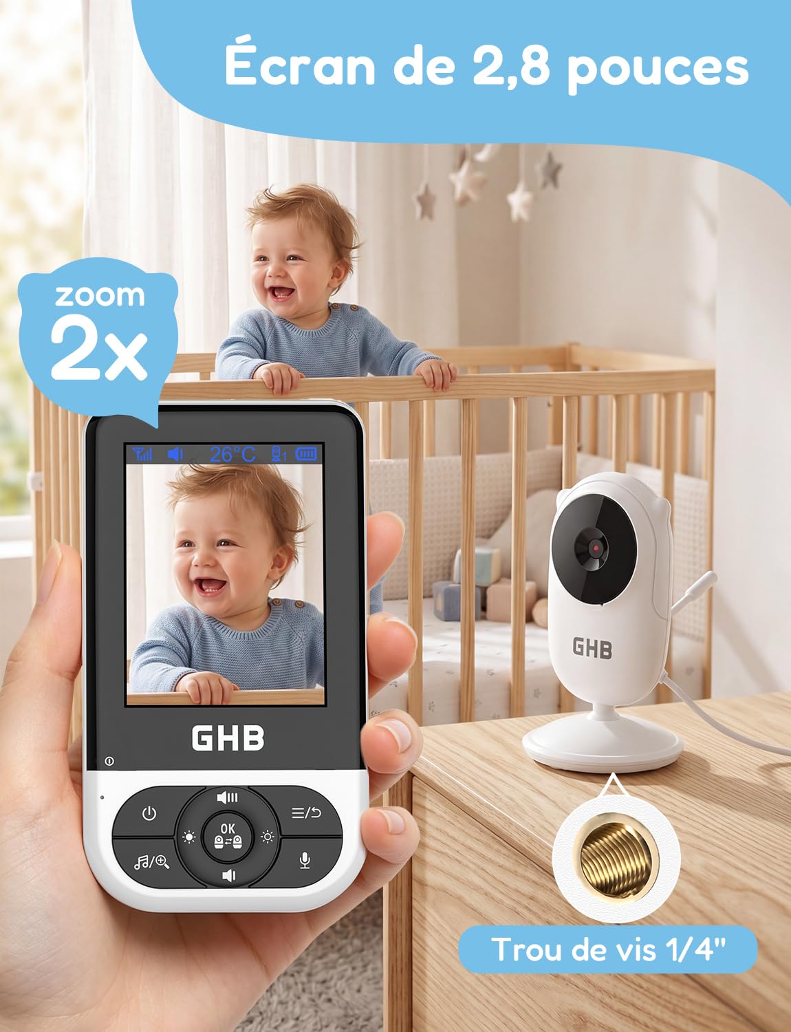 GHB Babyphone Camera Bebe Surveillance sans WiFi VOX Vision Nocturne Noir
