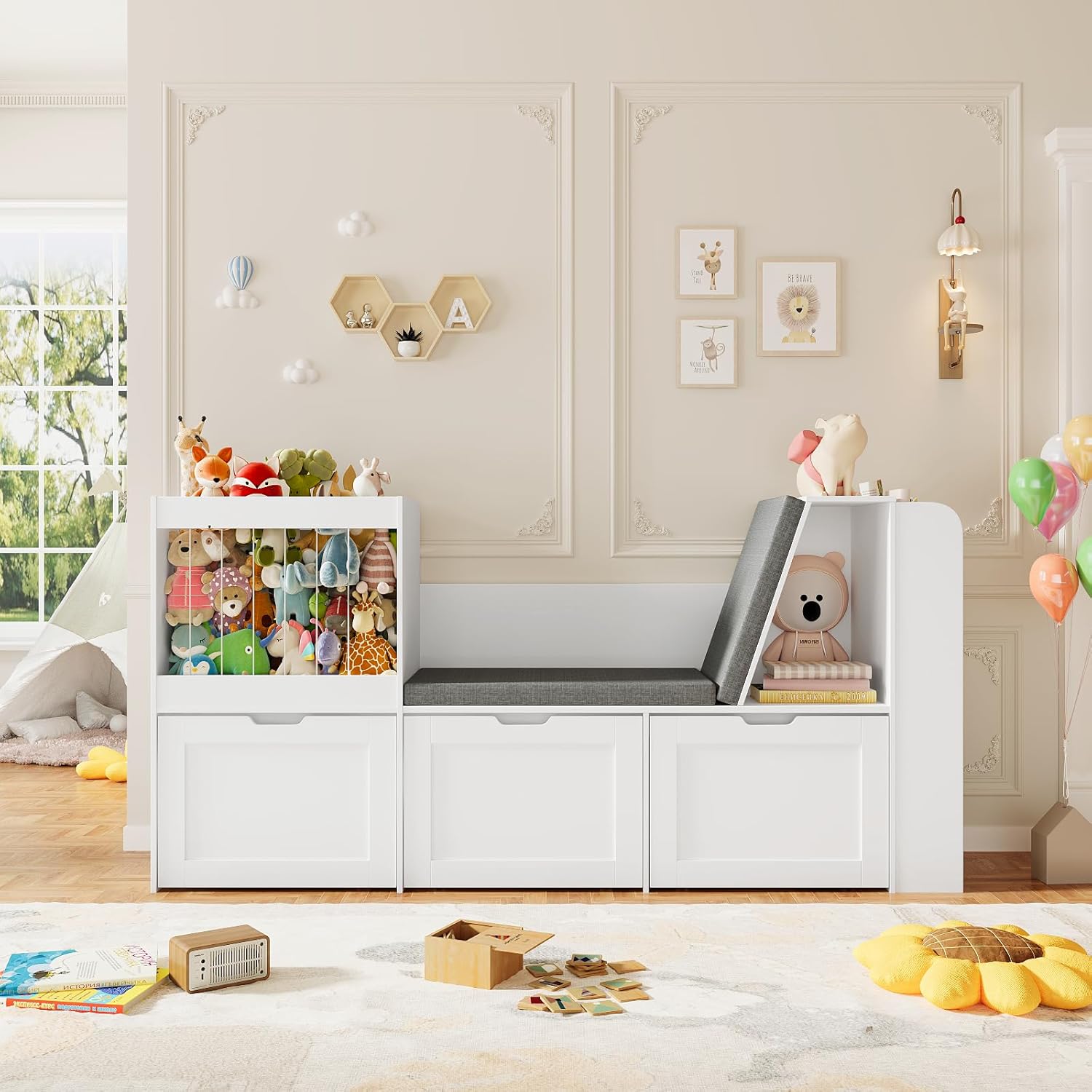 66.9" Kids Reading Nook, Toy Storage Organizer with Stuffed Animal Storage, Bench and Removable Cushions, Wooden Toddler Bookshelf with 3 Movable Drawers for Nursery, Playroom (White)