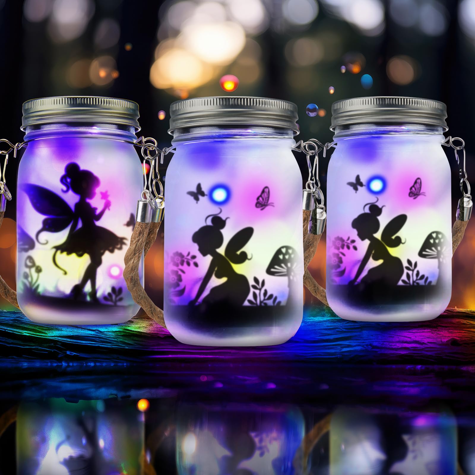 Jingmore 3 Pcs Fairy Hanging Lanterns Solar Lantern Cat Dog Butterfly Solar Outdoor Yard Lawn Garden Decor Jar Lights for Mom Women Cat Dog Lovers Gifts Tree Patio Lawn Table(Color Light)