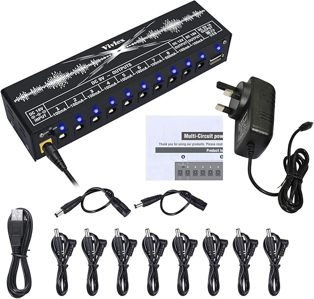 Vivlex Guitar Pedal Power Supply Station 10 Isolated Outputs for 9V/12V/18V Guitar Bass Effects Pedal Amps Keyboard Built-in USB Charging Port Short Circuit & Over Current Protection, British Plug