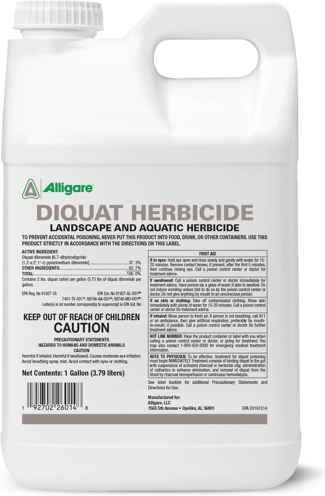 Alligare Diquat Aquatic Herbicide to Control Bluegrass, Duckweed, Hydrilla & More - Glyphosate Alternative, Fast-Acting Non-Selective Liquid Weed Killer for Aquatic & Landscape Use - 1 Gallon (128oz)