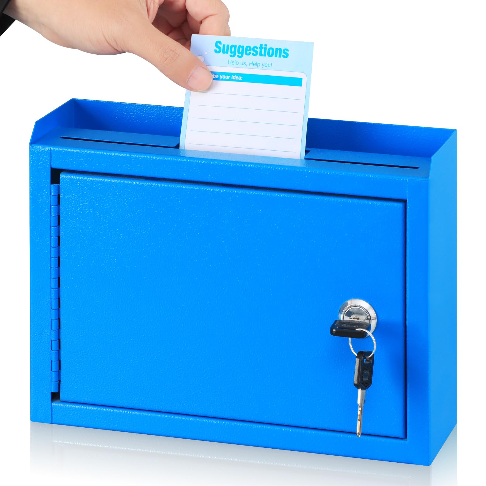 KYODOLED Suggestion Box with Lock and Slot, Small Locking Mailbox for Office, Safe Key Drop Box for Money, Wall Mount Donation Box, Ballot Box with 50 Free Suggestion Cards,9.8" W x 3" D x 7" H, Blue
