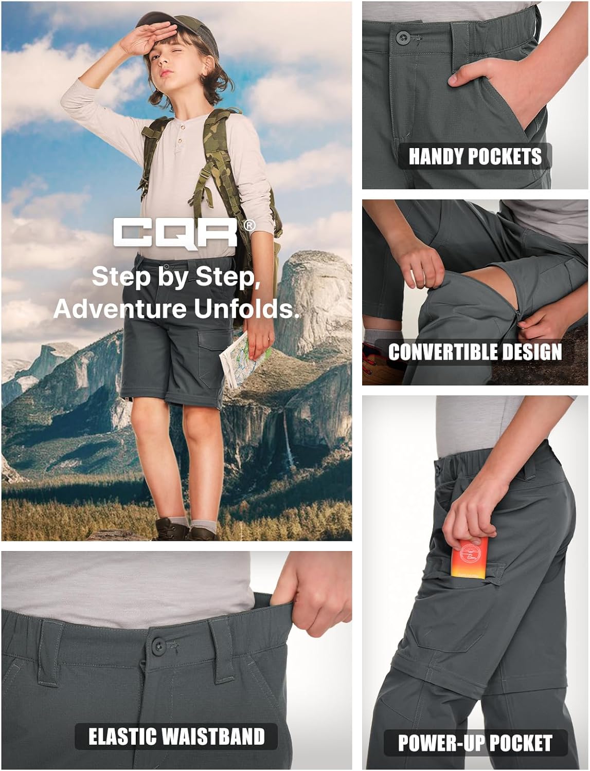CQR Kids Youth Hiking Cargo Pants, UPF 50+ Quick Dry Convertible Zip Off Pants, Outdoor Camping Pants - Image 7
