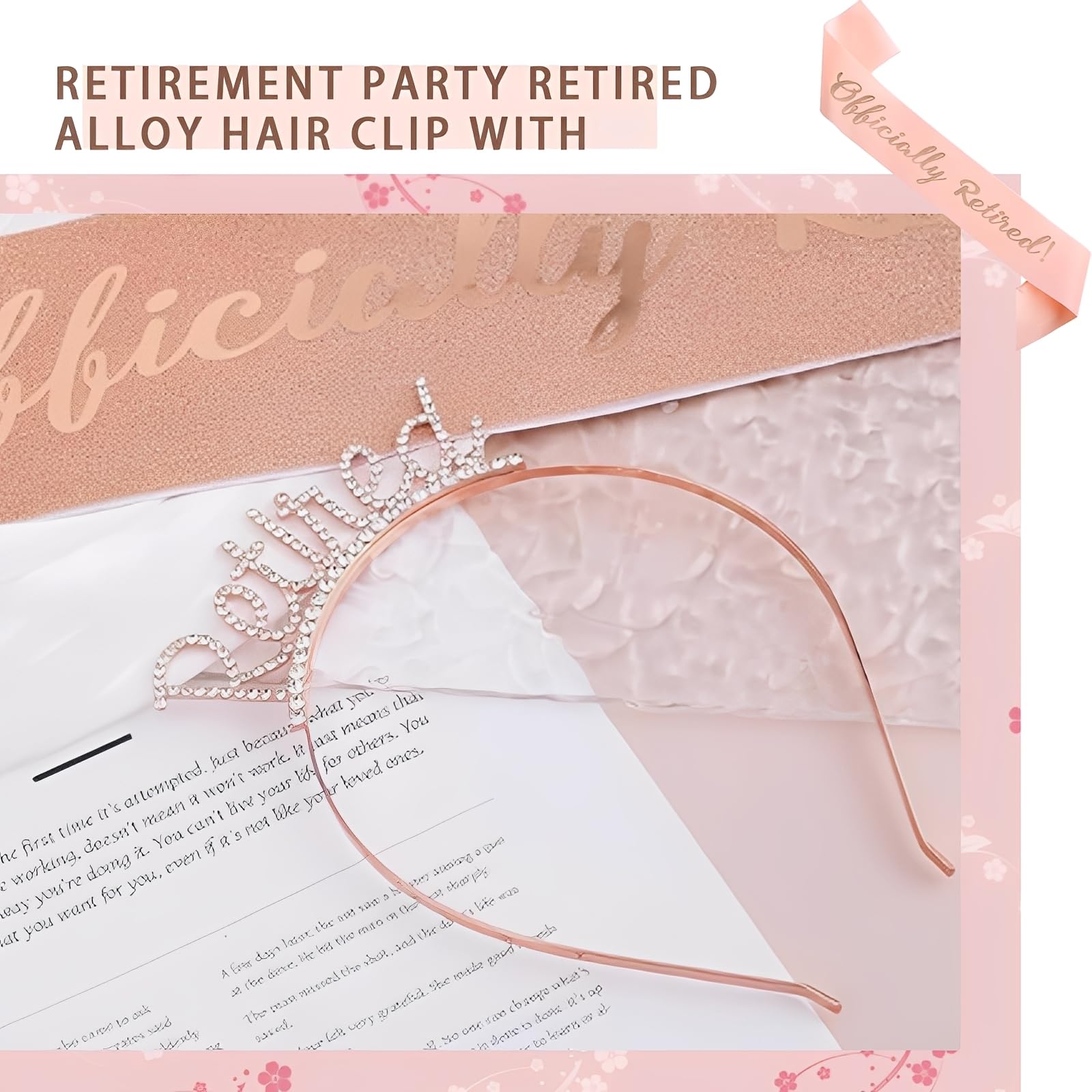 Retirement Sash and Tiara Set,Elegant Rose Gold Retirement Sash for Women,Happy Retired Party Decorations,for Women's Classic Happy Retired Rhinestone Headband and Sashes Party Decorations - Image 3